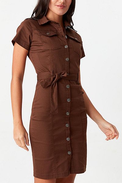 Select Moda Women's Short Sleeve Button Detail Denim Dress