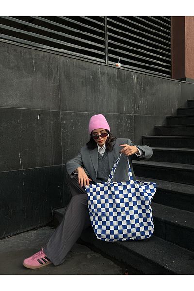 minaaise Geantă de pânză supradimensionată cu model Saks Checkers