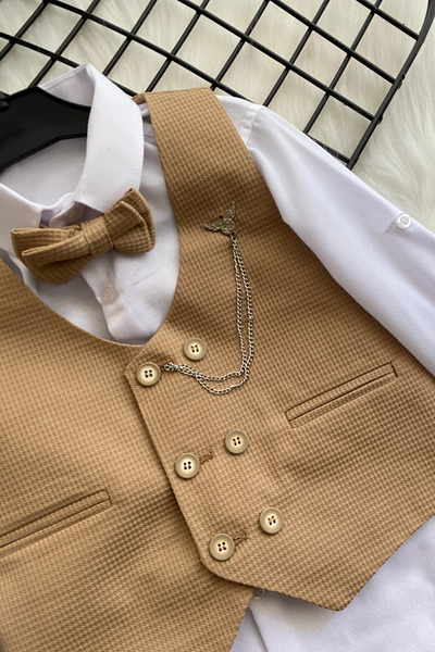 Turuncu Gardrop Matrix Yelekli Zincirli Erkek Çocuk Takım Elbise Camel