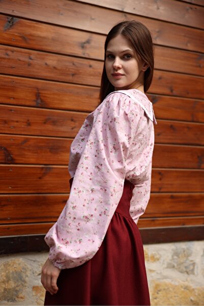KÜÇÜĞÜM BUTİK Vintage Pembe-Bordo Çiçekli Bebe Yaka Dantelli Poplin Bluz