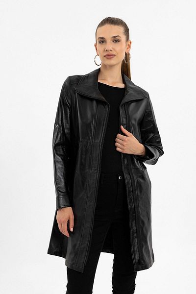Deriderim Black Hena Zippered Wide Cut Long Women's Genuine Leather Coat