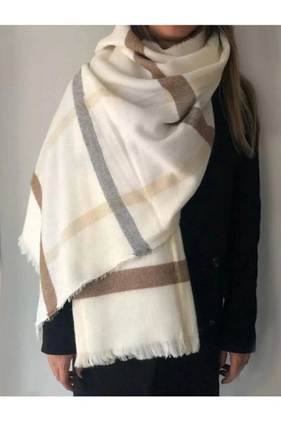 YONE Women &Apos; S Shawl with Soft Texture - Striped Plaid, Winter Scarf, Cream