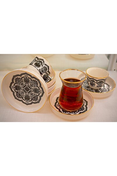 DUKKANI ISTANBUL 18 Piece Mirra Cup Tea Cup Set - Black Motif