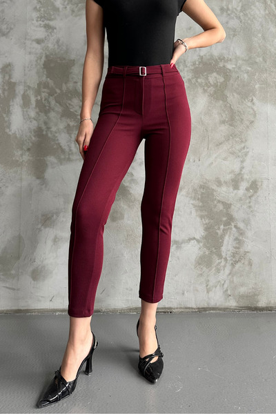 macharel jeans Women's Burgundy High Waist Recovery Narrow Leg Buckle Fabric Trousers