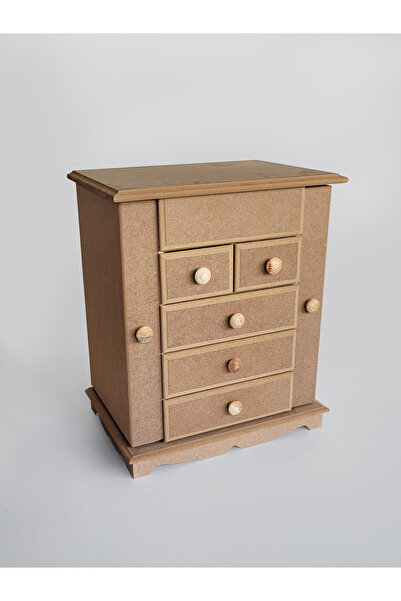 AN'GE Ahşap, Ham Mdf, Boyanabilir Çekmeceli Kapaklı Bölmeli Takı Kutusu, Maky...