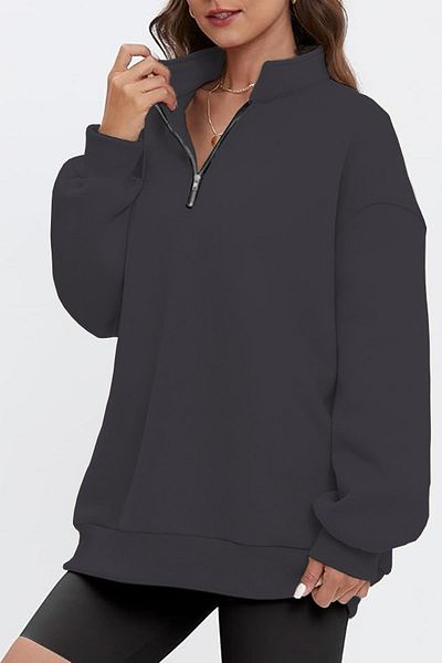 GHASSY CO. Ghassy Co. Γυναικεία vintage μπλούζα με μισό φερμουάρ Oversize Βαμβακερή φούτερ με κορδέλα μέσα