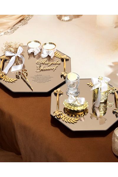 CyzHome Affinity Octagonal Gold Promise Engagement Tray and Groom Brown