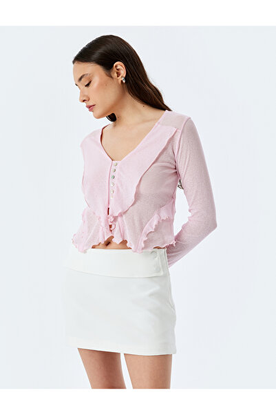 Koton Μακρυμάνικη μπλούζα με λαιμόκοψη V με λεπτομέρεια βολάν