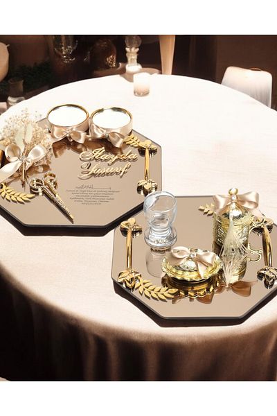CyzHome Affinity Octagonal Gold Promise Engagement Tray and Groom Brown