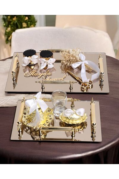 CyzHome Gold Mirror 4 Handles Rectangular Promise Engagement Tray and Groom Coffee Cup Tray