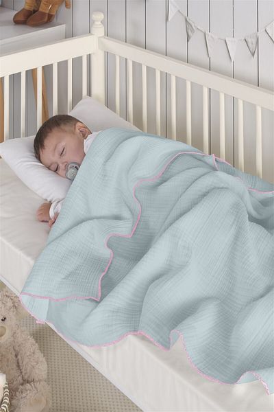 Evim Organic Cotton 4 Layer Muslin Baby Blanket 120X120 cm Light Blue Pink