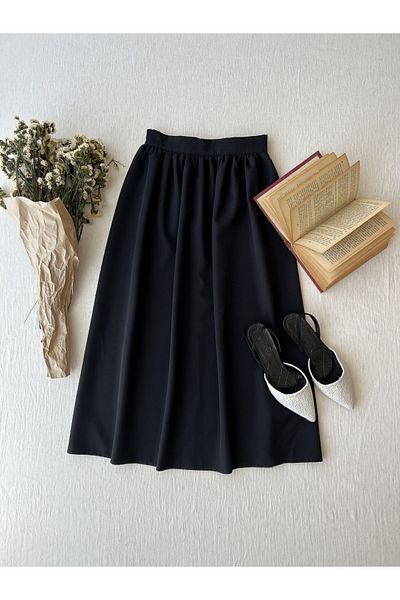 KÜÇÜĞÜM BUTİK Black Gathered Waist Midi Length Crepe Skirt