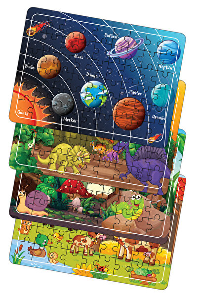 Leelii Tasarım Sevimli Hayvanlar, Dinazorlar , Gezegenler , Çiftlik 54 Parça Ahşap Puzzle Yapboz 4'lü Set