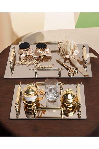 CyzHome Gold Mirror 4 Handles Rectangular Promise Engagement Tray and Groom Coffee Cup Tray