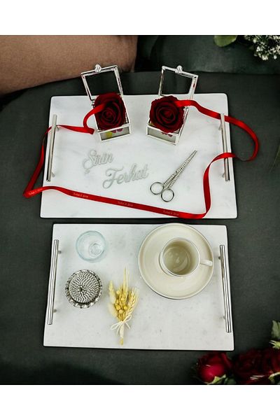 CyzHome Silver Marble Promise Tray and Groom Coffee Cup Tray