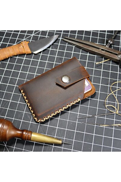 Derici Amca Minimal Genuine Cowhide Leather Handmade Card Holder Wallet with Cross Stitched Snap Fasteners