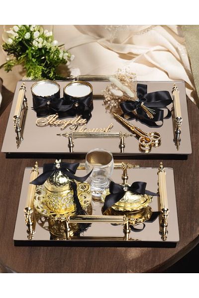 CyzHome Reverence Gold Promise Tray with 4 Handles and Groom Coffee Cup