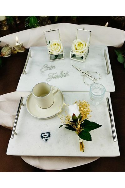 CyzHome Silver Marble Promise Tray and Groom Coffee Cup Tray