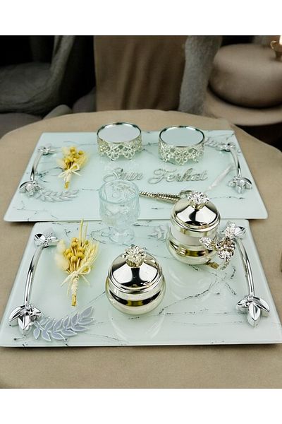 CyzHome Loyalty White Patterned Silver Engagement Tray