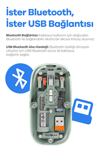 Teknoloji Gelsin Kablosuz Mouse Fare Şarjlı Bluetooth Wireless Çift Modlu Sessiz 5 Tuşlu Şeffaf DPI Kontrol  Tg-9010
