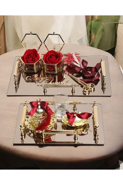CyzHome Reverence Gold - Red Promise and Groom Tray Set