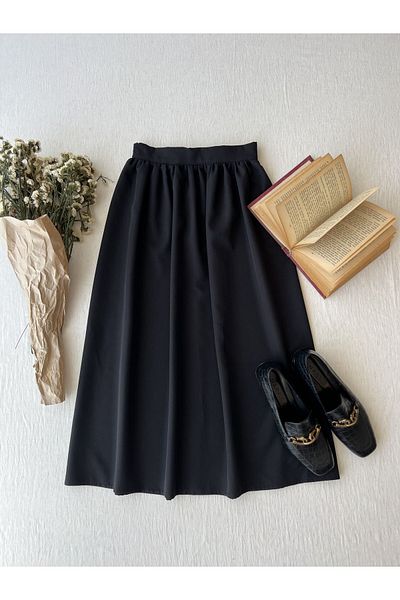 KÜÇÜĞÜM BUTİK Black Gathered Waist Midi Length Crepe Skirt
