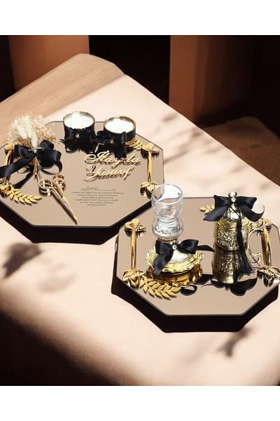 CyzHome Affinity Octagonal Gold Promise Engagement Tray and Groom Brown
