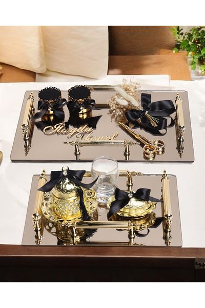 CyzHome Gold Mirror 4 Handles Rectangular Promise Engagement Tray and Groom Coffee Cup Tray