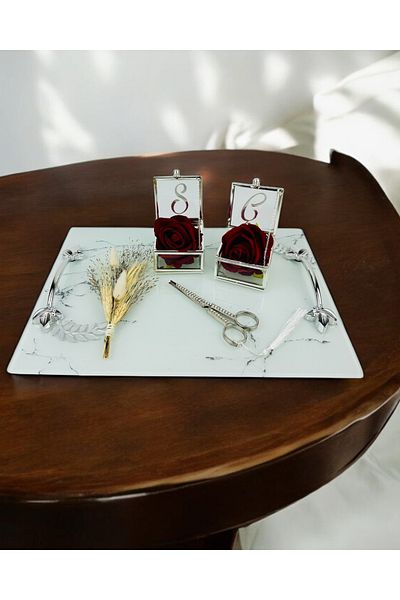 CyzHome Loyalty White Patterned Silver Engagement Tray