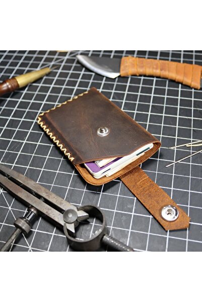 Derici Amca Minimal Genuine Cowhide Leather Handmade Card Holder Wallet with Cross Stitched Snap Fasteners
