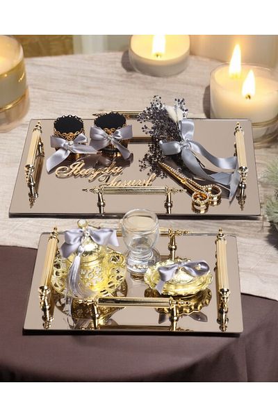 CyzHome Gold Mirror 4 Handles Rectangular Promise Engagement Tray and Groom Coffee Cup Tray