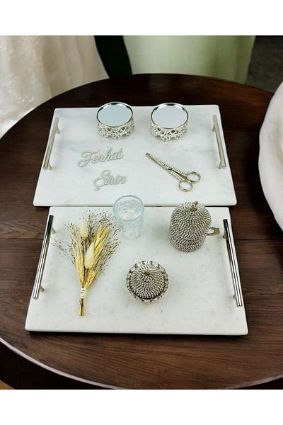 CyzHome Silver Marble Promise Tray and Groom Coffee Cup Tray