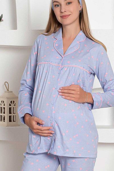 ALİMER Set de pijamale de maternitate pentru gravide - Bumbac pieptănat inimă albastră 2796