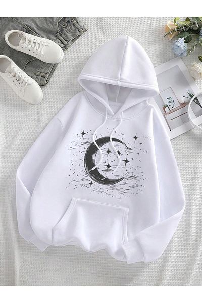 PALPİTO Hanorac cu glugă cu glugă, unisex, cu imprimeu alb Crescent