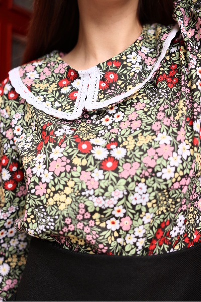 KÜÇÜĞÜM BUTİK Vintage Μαύρο-Ροζ Floral Βρεφικό Γιακά Δαντέλα Μπλούζα Ποπλίνα