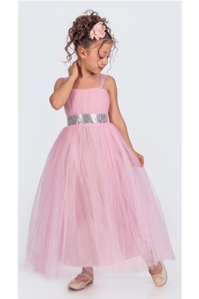 Mnk Sırt Gipeli Tütü Etek Kız Çocuk Saten Parti Abiye Elbise MNK0340 PEMBE