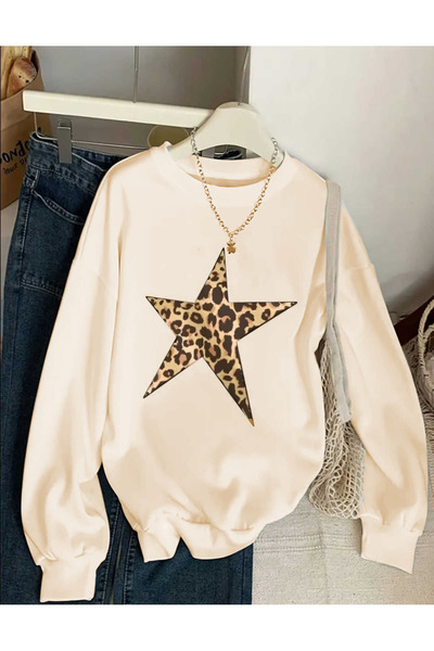 mia storia okrugla kragna Leopard Star Sa deznom Oversize kroj Ženska majica