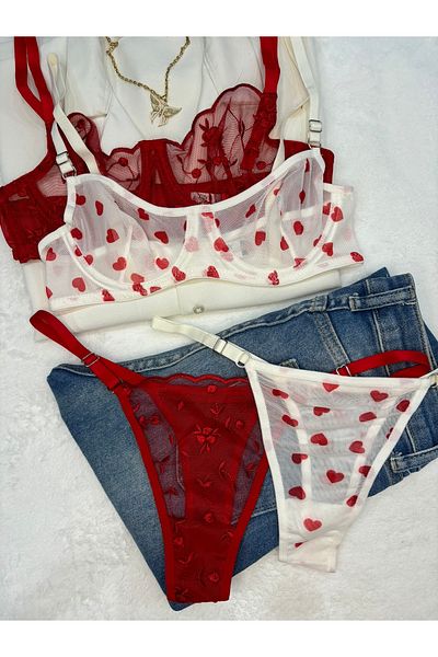 İNKO İÇ GİYİM Floral Underwire Cupless Tulle Bra Set (Bra Thong)
