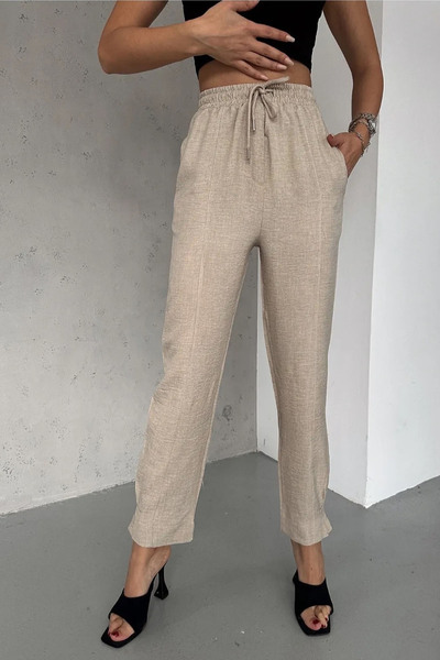 Swana Ženske pantalone od platna - elastični struk, plisirane noge od minke