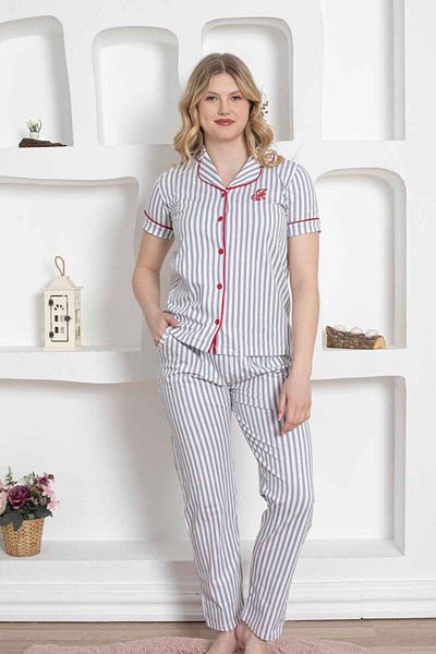 ALİMER Gray Striped Shirt Pajama Set 2568KY
