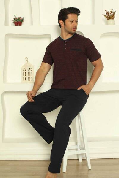 ALİMER Patterned Men's Pajama Set - Burgundy Color Short Sleeve Combed Cotton...