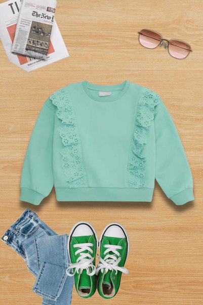 Kübra Tekstil Mint Green Embroidery Detailed Cotton Fleece Inside Crew Neck Girls' Winter Sweatshirt