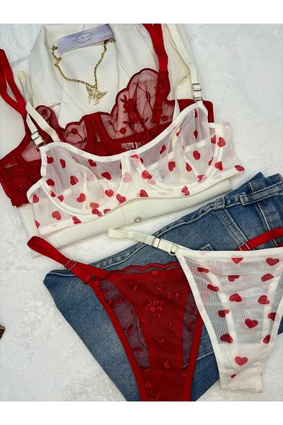 İNKO İÇ GİYİM Floral Underwire Cupless Tulle Bra Set (Bra Thong)
