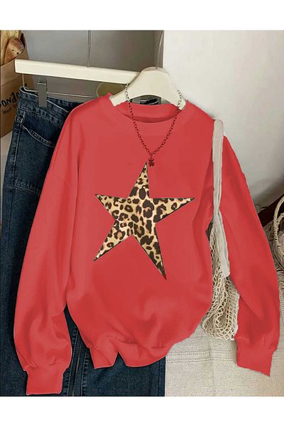 mia storia Crew Neck Leopard Star Print Oversize Women's Sweatshirt