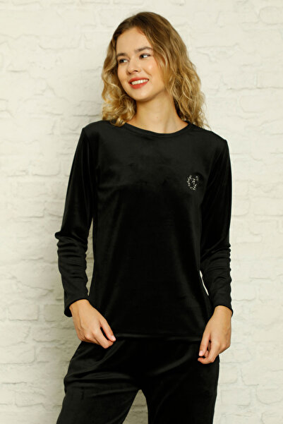 ALİMER Set de pijamale din catifea pentru femei - catifea importată cu buzunare brodate negre 2598uk