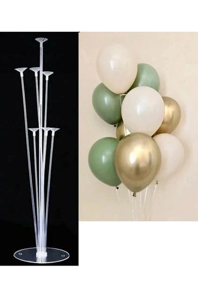 BALON DİYARI Balloon Land 7-Piece Balloon Stand and 12 Pieces Mold Green, Chrome Gold and Sea Sand Balloon Set