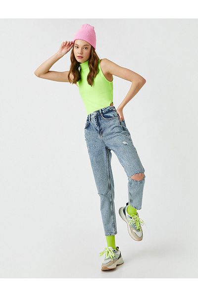 Koton Pantaloni de damă cu talie înaltă din denim rupt 2yak47301dd