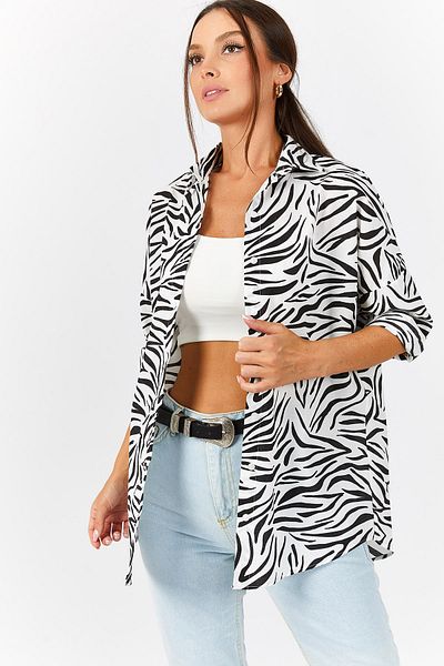 armonika Women's Black Zebra Pattern Oversize Long Basic Shirt Arm-22Y001145