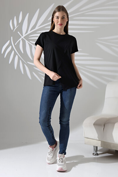 DİVİSTA Fusta tricou cu mânecă scurtă, neagră, cu gât rotund, asimetrică