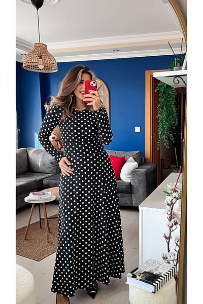İpeksi Silky Women's Crepe Fabric Long Sleeve Full Length Polka Dot Dress 132 cm